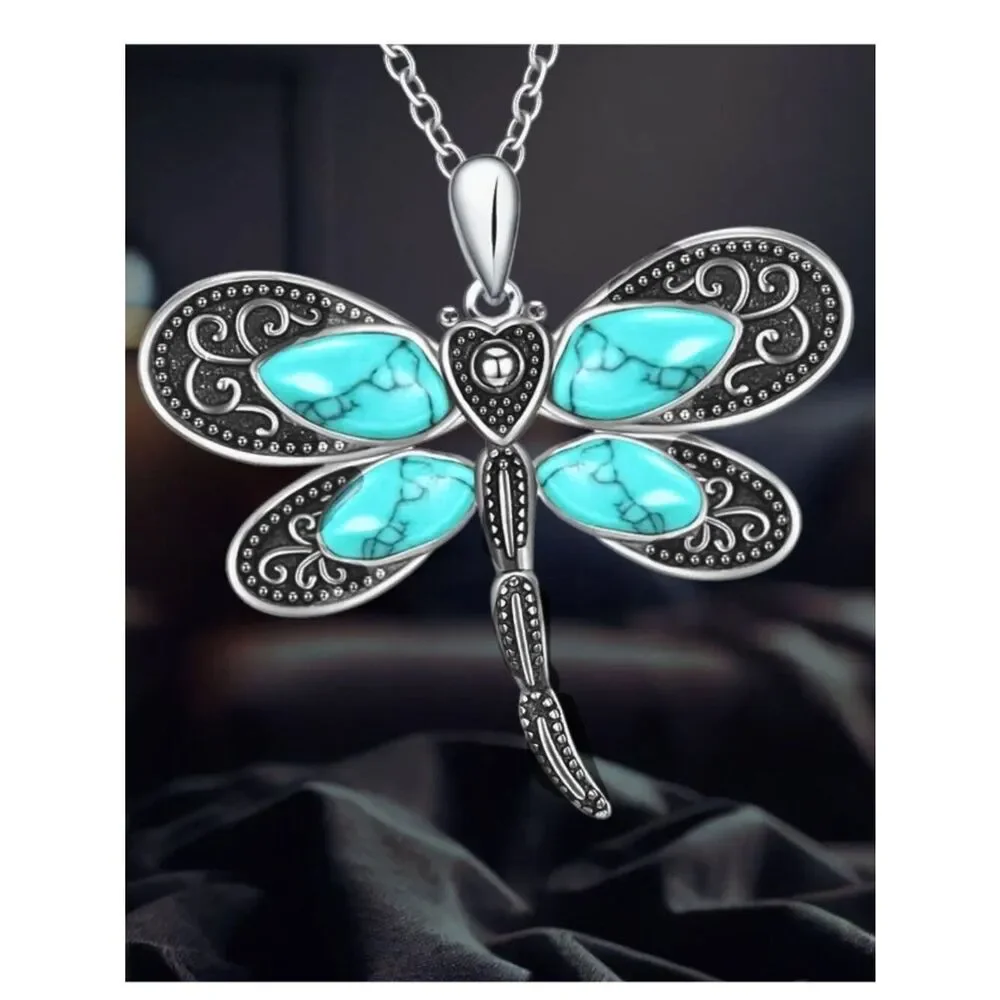 Boho Dragonfly Pendant Inlaid Faux Turquoise Intricate Carved Patterns Necklace